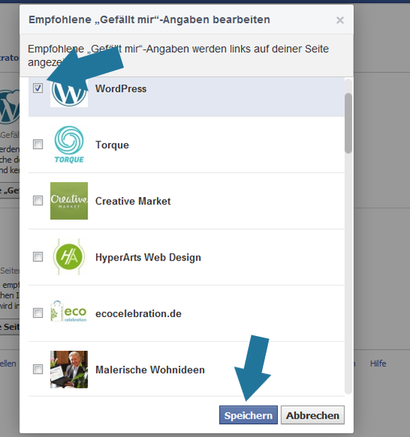 Facebook Fanpage Favoriten anklicken