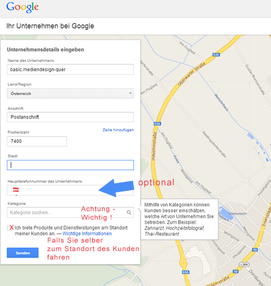 Formular für Unternehmenseintrag