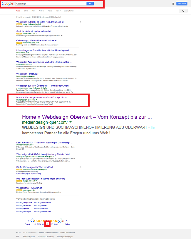 Keyword Webdesign in der Google Suche